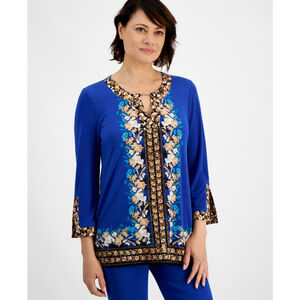 JM Collection Women's Small Petite Dark Blue Enchantment Floral Tunic NWT